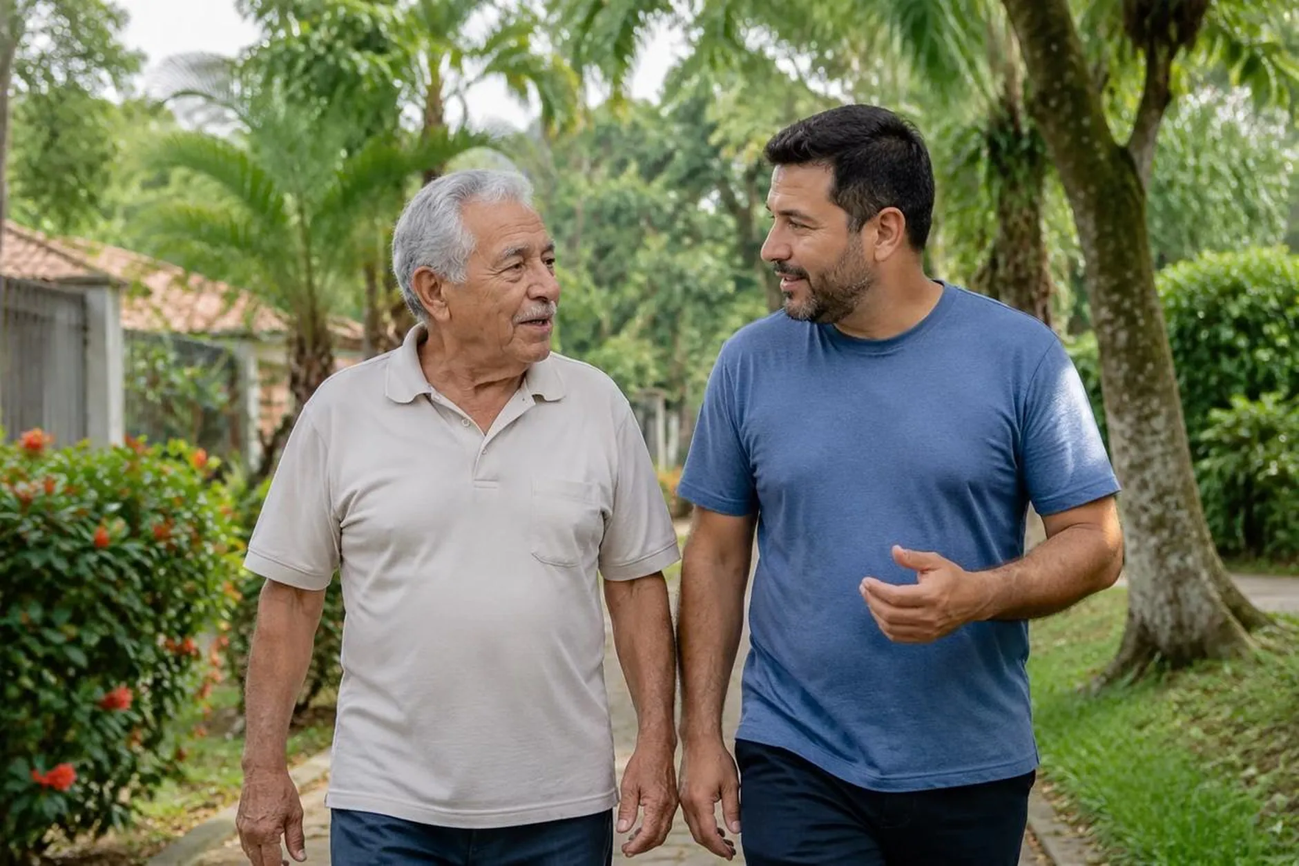 Senhor caminha no jardim ao lado do cuidador