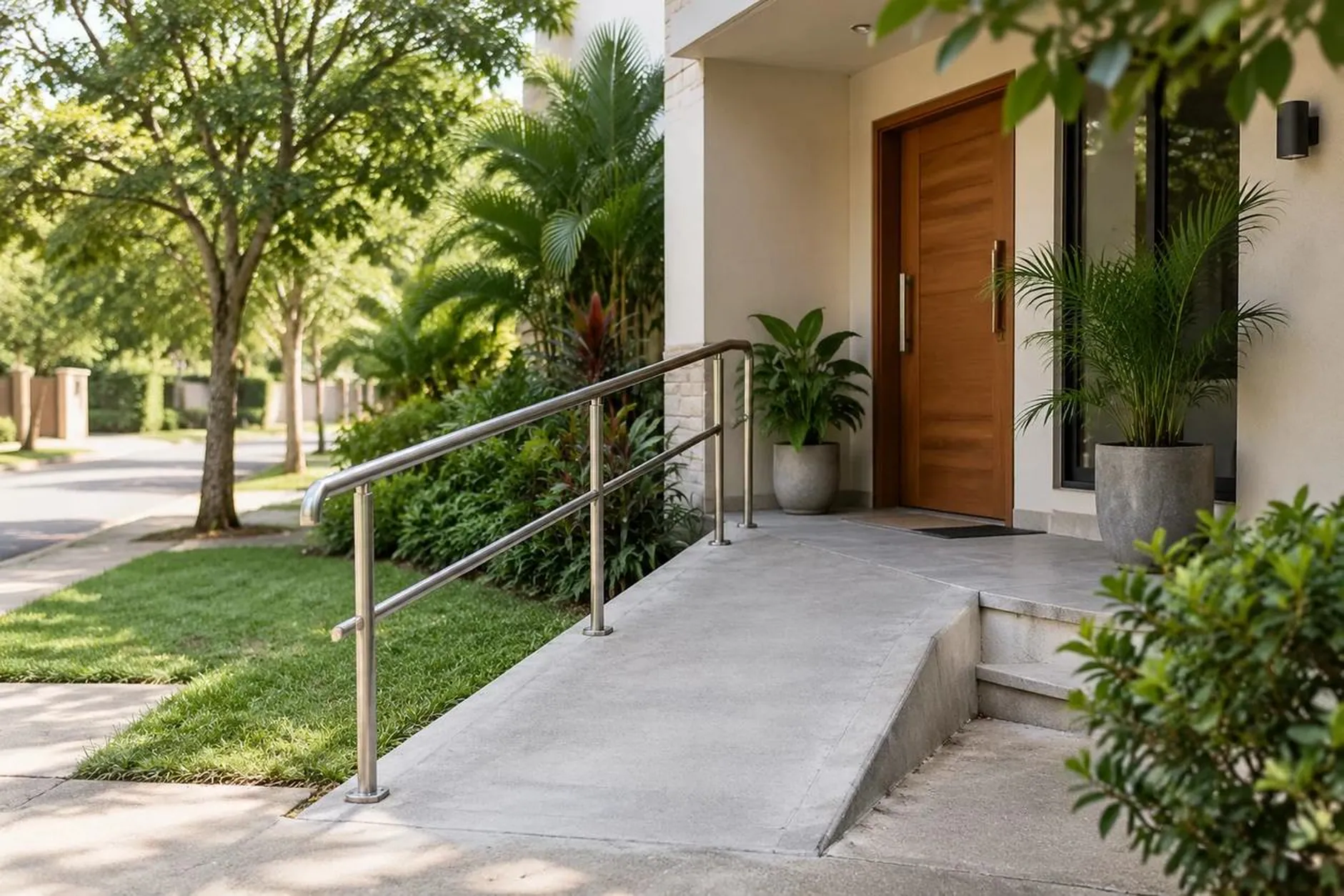 Entrada da casa com rampa suave e corrimão de metal